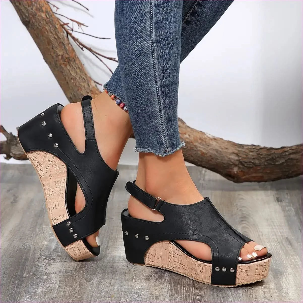 Black High Wedge Studded Sandals for Ladies Open Toe Style - Pleasures and Sins