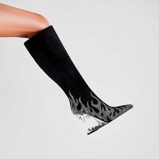 Black Knee-high Boots with Unique Tiger Mouth and Rhinestone Flame Pattern - Pleasures and Sins