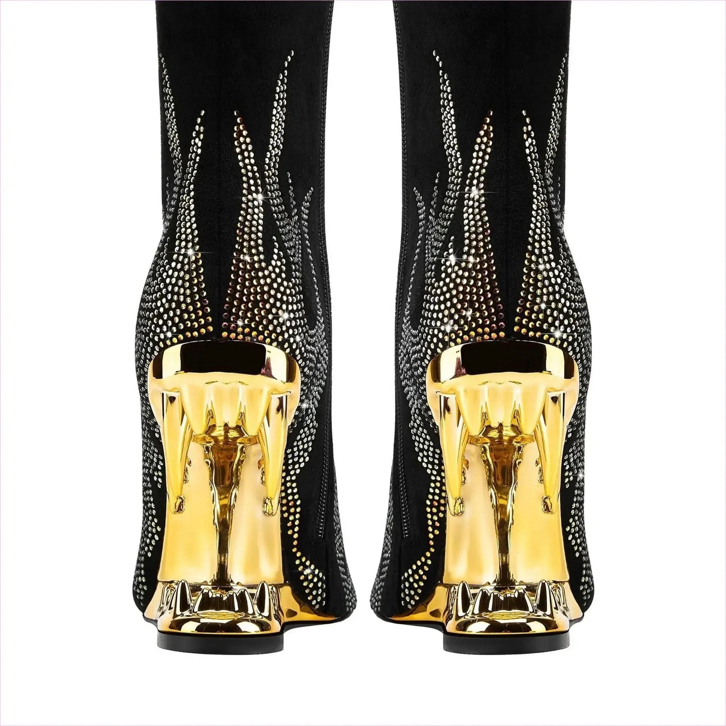 Black Knee-high Boots with Unique Tiger Mouth and Rhinestone Flame Pattern - Pleasures and Sins
