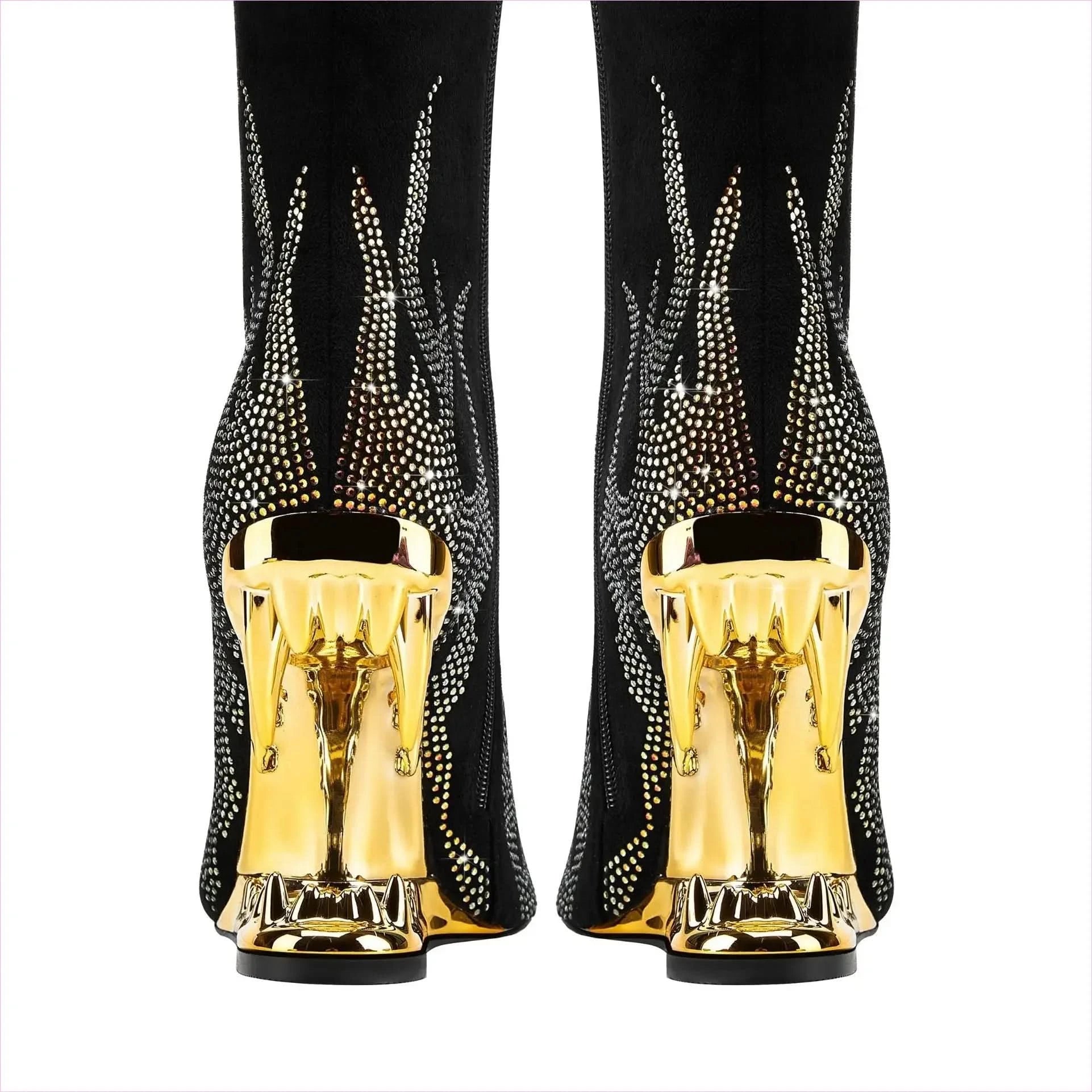 Black Knee-high Boots with Unique Tiger Mouth and Rhinestone Flame Pattern - Pleasures and Sins