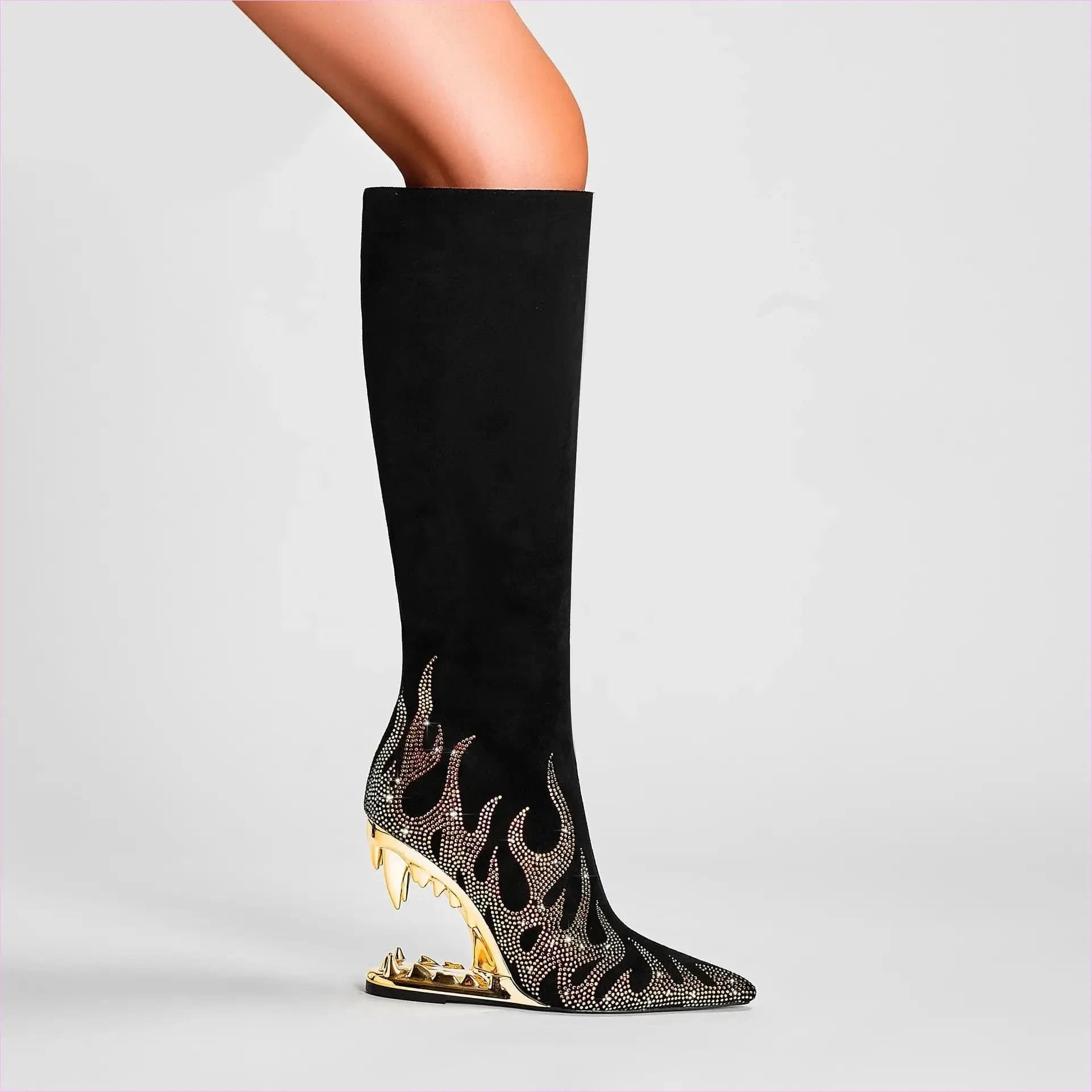 Black Knee-high Boots with Unique Tiger Mouth and Rhinestone Flame Pattern - Pleasures and Sins