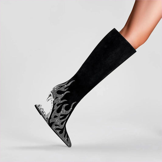 Black Knee-high Boots with Unique Tiger Mouth and Rhinestone Flame Pattern - Pleasures and Sins