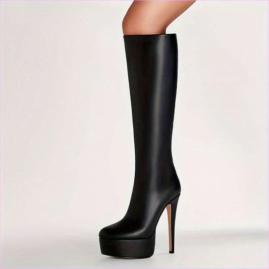 Black Knee Length Stiletto Platform Boots for Bold Style - Pleasures and Sins