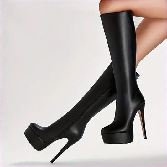Black Knee Length Stiletto Platform Boots for Bold Style - Pleasures and Sins