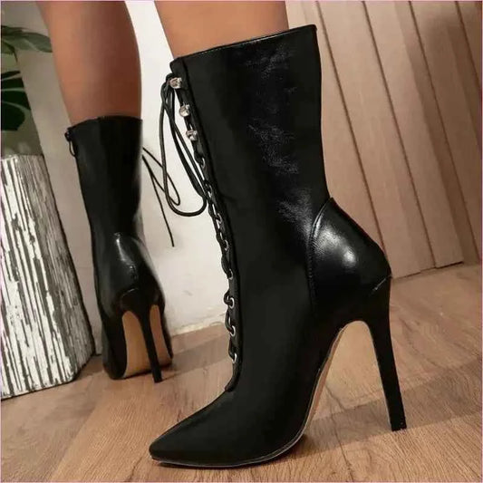 Black Lace-up Pointed High Heels with Victorian Style Straps - Pleasures and Sins