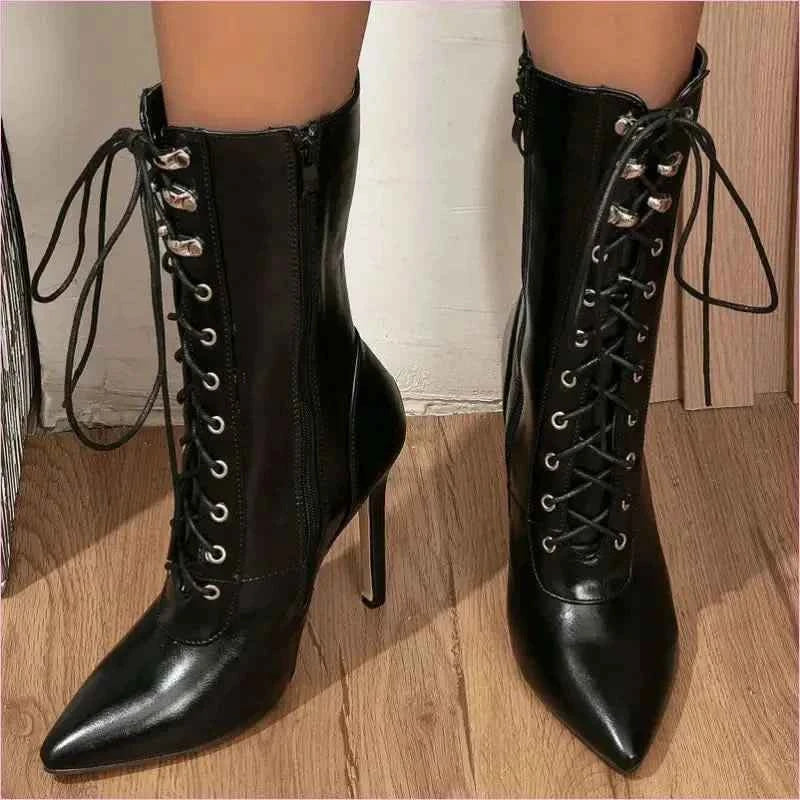 Black Lace-up Pointed High Heels with Victorian Style Straps - Pleasures and Sins