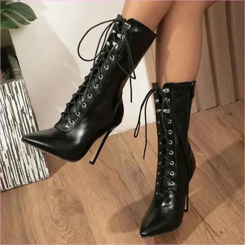 Black Lace-up Pointed High Heels with Victorian Style Straps - Pleasures and Sins