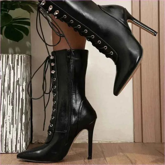 Black Lace-up Pointed High Heels with Victorian Style Straps - Pleasures and Sins