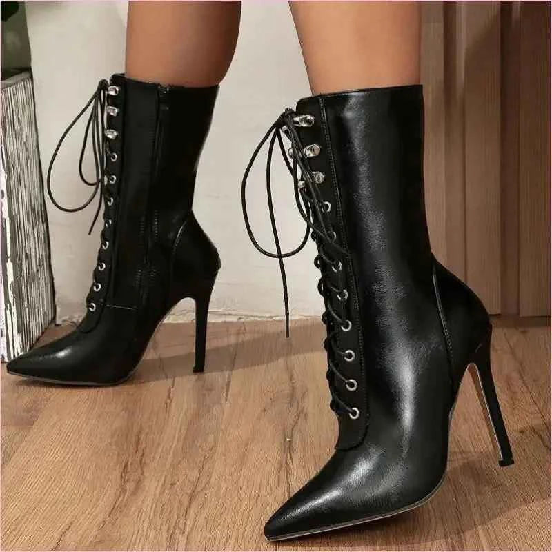 Black Lace-up Pointed High Heels with Victorian Style Straps - Pleasures and Sins