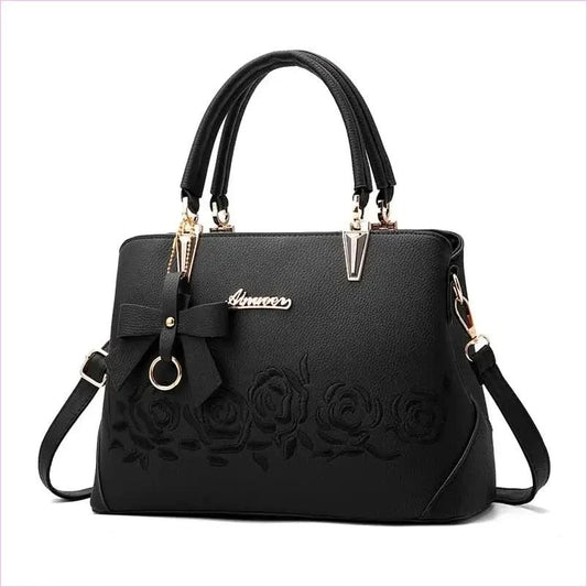 Black Leather Floral Designer Shoulderbag with Gold Hardware - Pleasures and Sins