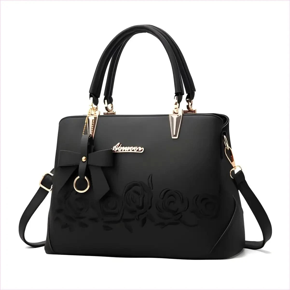 Black Leather Floral Designer Shoulderbag with Gold Hardware - Pleasures and Sins