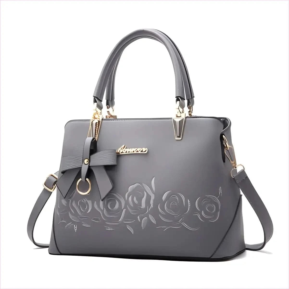 Black Leather Floral Designer Shoulderbag with Gold Hardware - Pleasures and Sins