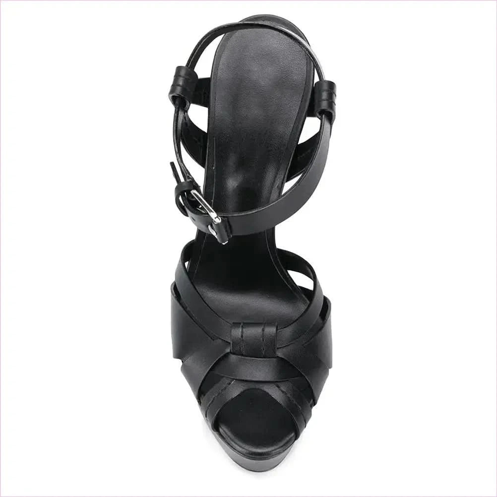 Black Leather High-heeled Peep Toe Fashion Sandals with Straps - Pleasures and Sins