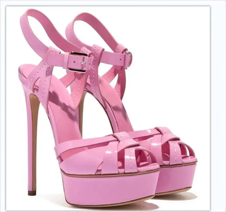 Black Leather High-heeled Peep Toe Fashion Sandals with Straps - Pleasures and Sins
