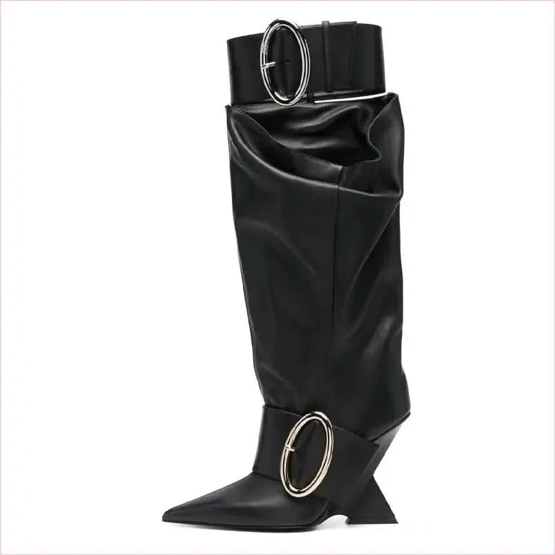 Black Leather Knee-high Boots with Pointed Toe and Unique High Wedge - Pleasures and Sins