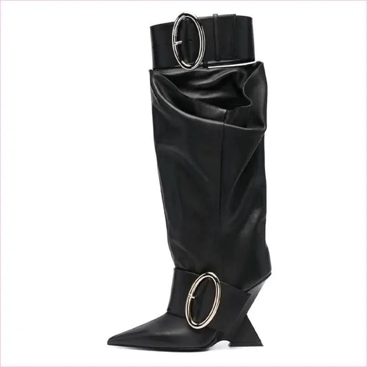 Black Leather Knee-high Boots with Pointed Toe and Unique High Wedge - Pleasures and Sins