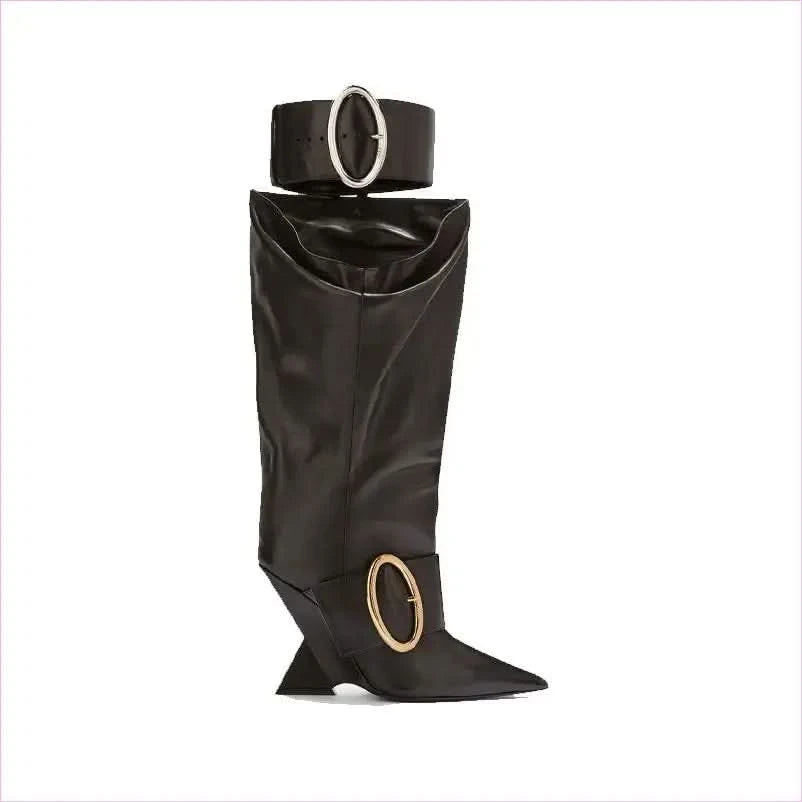 Black Leather Knee-high Boots with Pointed Toe and Unique High Wedge - Pleasures and Sins