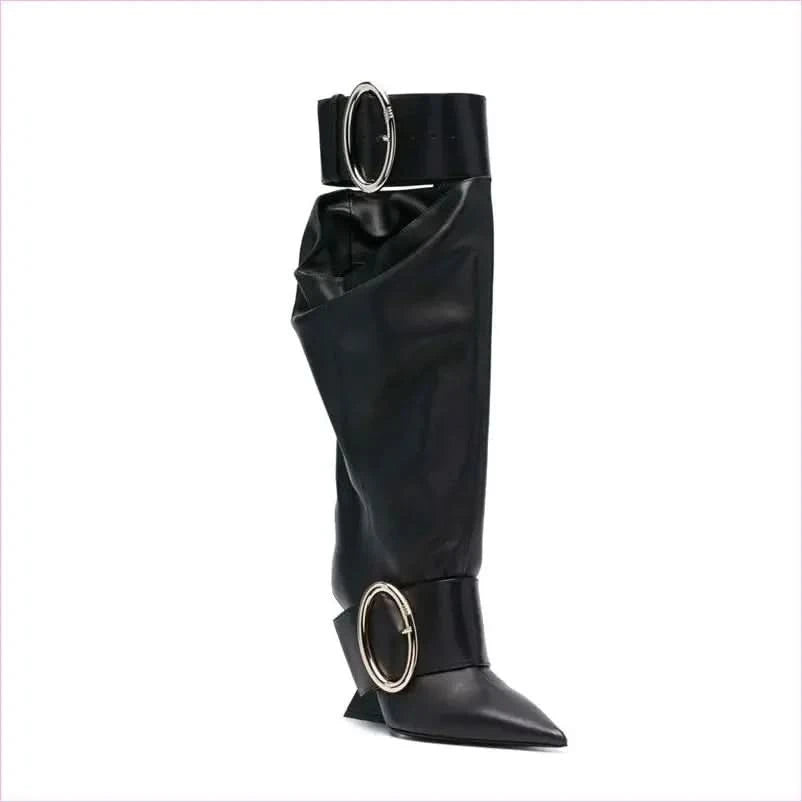 Black Leather Knee-high Boots with Pointed Toe and Unique High Wedge - Pleasures and Sins