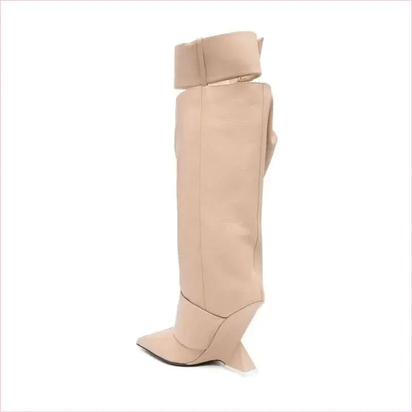 Black Leather Knee-high Boots with Pointed Toe and Unique High Wedge - Pleasures and Sins