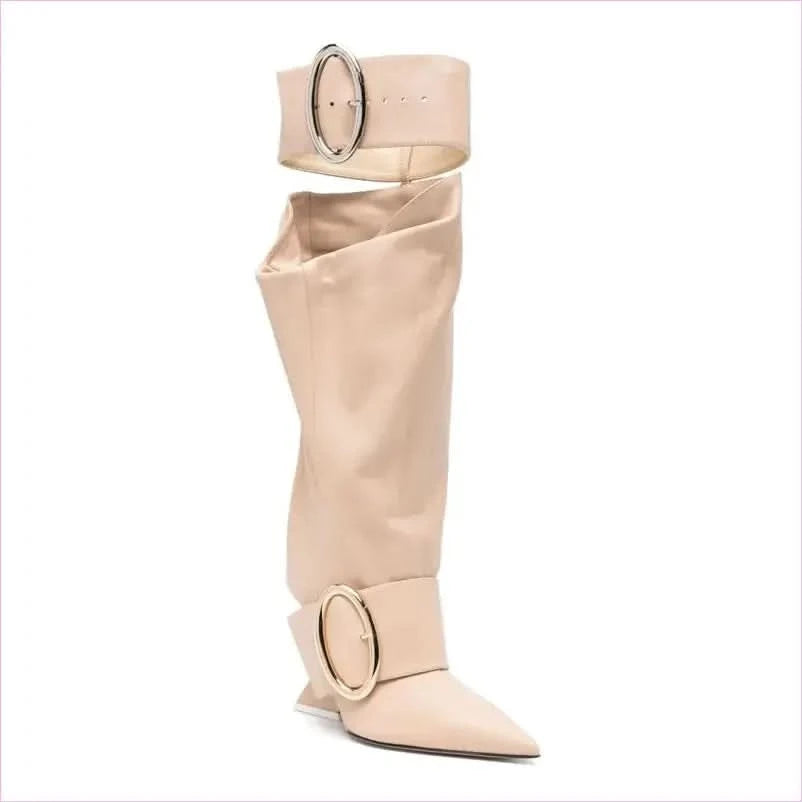 Black Leather Knee-high Boots with Pointed Toe and Unique High Wedge - Pleasures and Sins