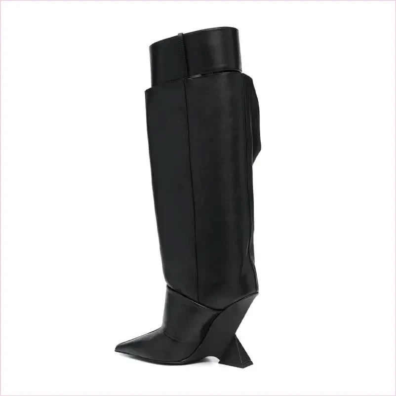Black Leather Knee-high Boots with Pointed Toe and Unique High Wedge - Pleasures and Sins