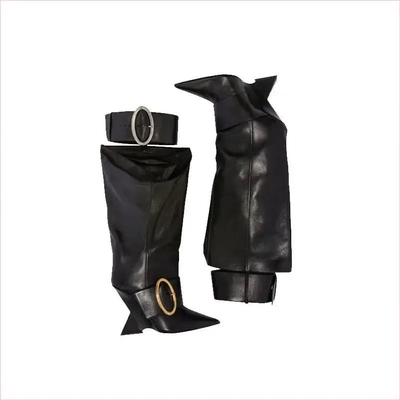 Black Leather Knee-high Boots with Pointed Toe and Unique High Wedge - Pleasures and Sins