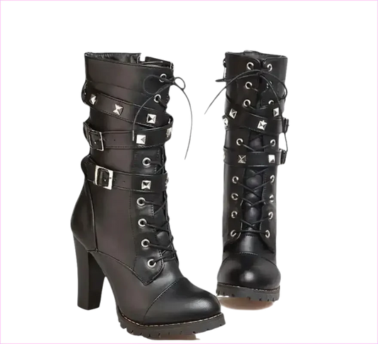 Black Leather Multi Buckle Lace Up Studded Ankle High Boots - Pleasures and Sins