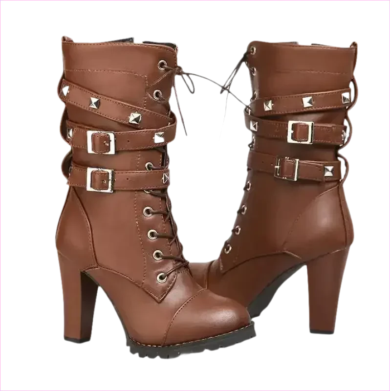 Black Leather Multi Buckle Lace Up Studded Ankle High Boots - Pleasures and Sins