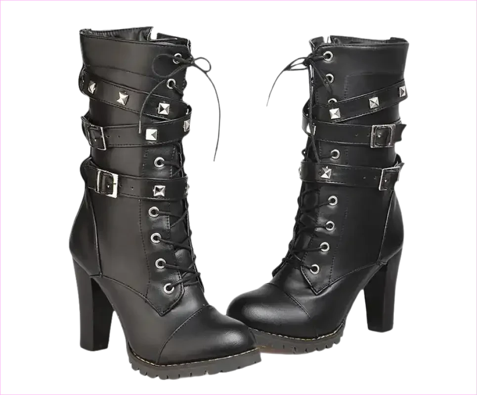 Black Leather Multi Buckle Lace Up Studded Ankle High Boots - Pleasures and Sins