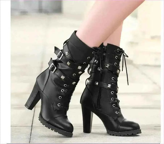 Black Leather Multi Buckle Lace Up Studded Ankle High Boots - Pleasures and Sins