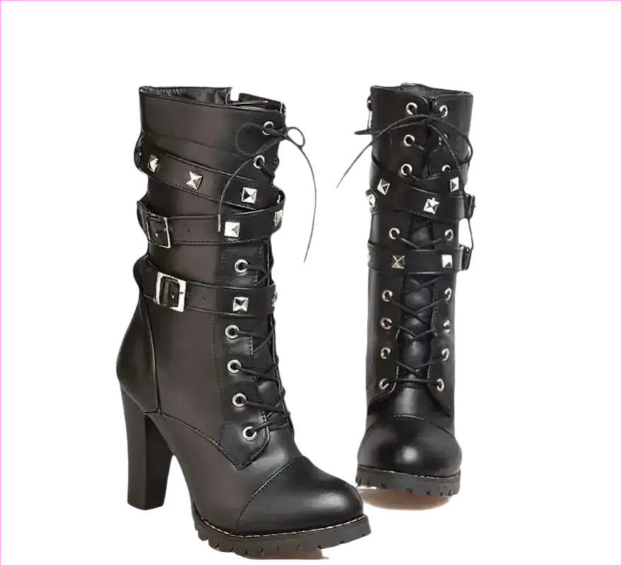 Black Leather Multi Buckle Lace Up Studded Ankle High Boots - Pleasures and Sins