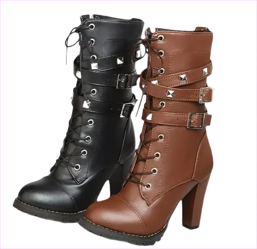 Black Leather Multi Buckle Lace Up Studded Ankle High Boots - Pleasures and Sins