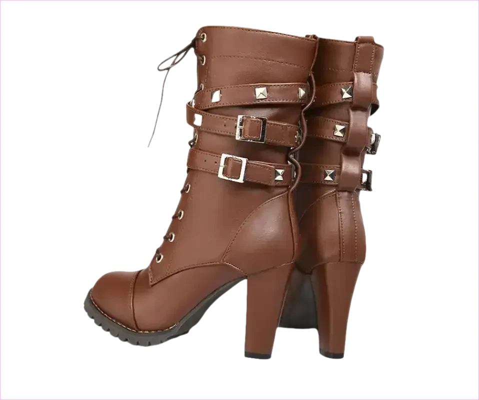 Black Leather Multi Buckle Lace Up Studded Ankle High Boots - Pleasures and Sins