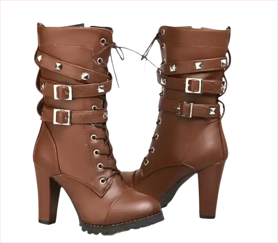Black Leather Multi Buckle Lace Up Studded Ankle High Boots - Pleasures and Sins