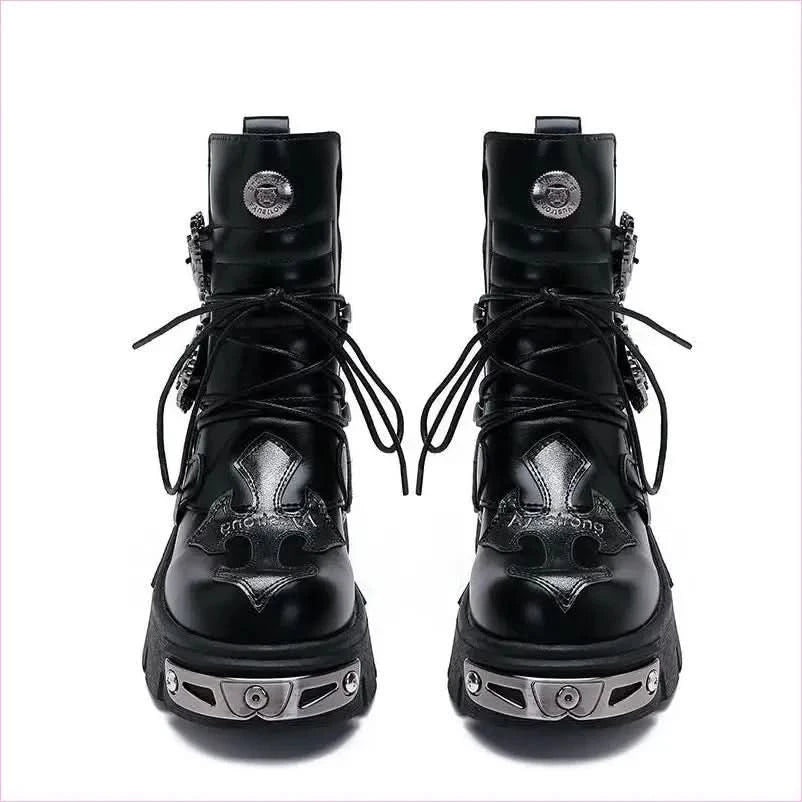 Black Leather Platform Boots with Metallic Buckles for Casual Punk Workwear - Pleasures and Sins