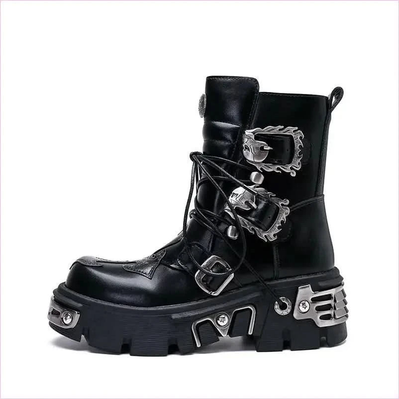 Black Leather Platform Boots with Metallic Buckles for Casual Punk Workwear - Pleasures and Sins