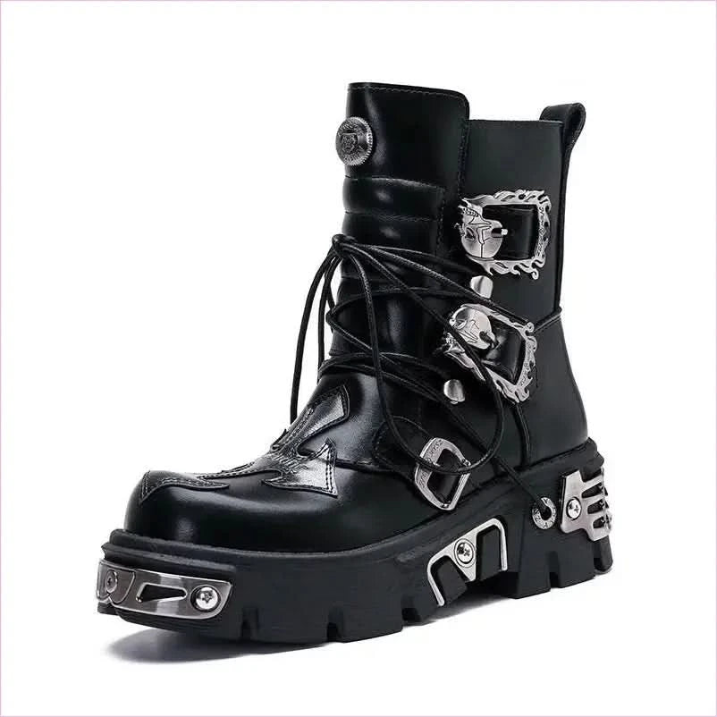 Black Leather Platform Boots with Metallic Buckles for Casual Punk Workwear - Pleasures and Sins