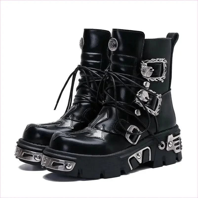 Black Leather Platform Boots with Metallic Buckles for Casual Punk Workwear - Pleasures and Sins