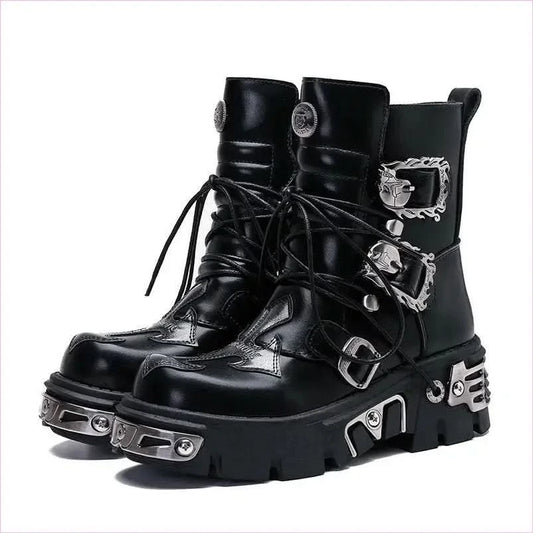 Black Leather Platform Boots with Metallic Buckles for Casual Punk Workwear - Pleasures and Sins