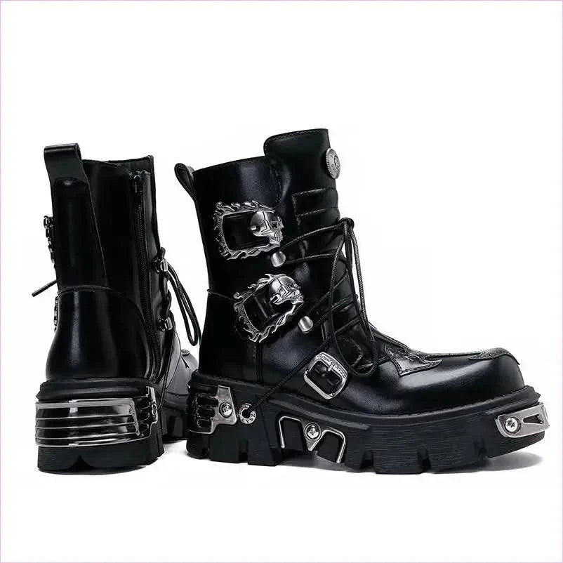 Black Leather Platform Boots with Metallic Buckles for Casual Punk Workwear - Pleasures and Sins