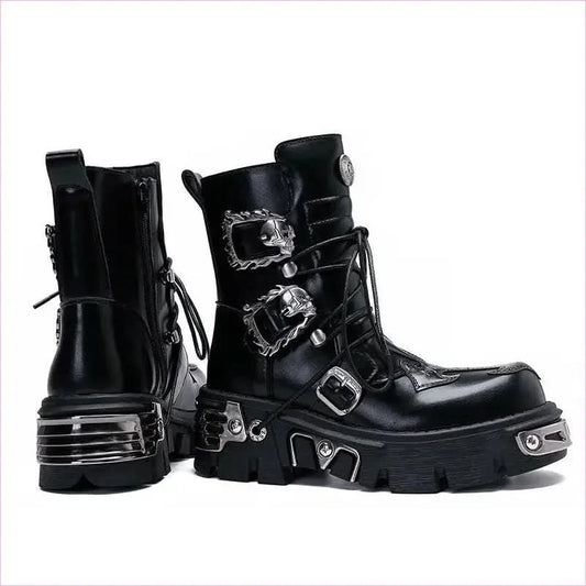 Black Leather Platform Boots with Metallic Buckles for Casual Punk Workwear - Pleasures and Sins