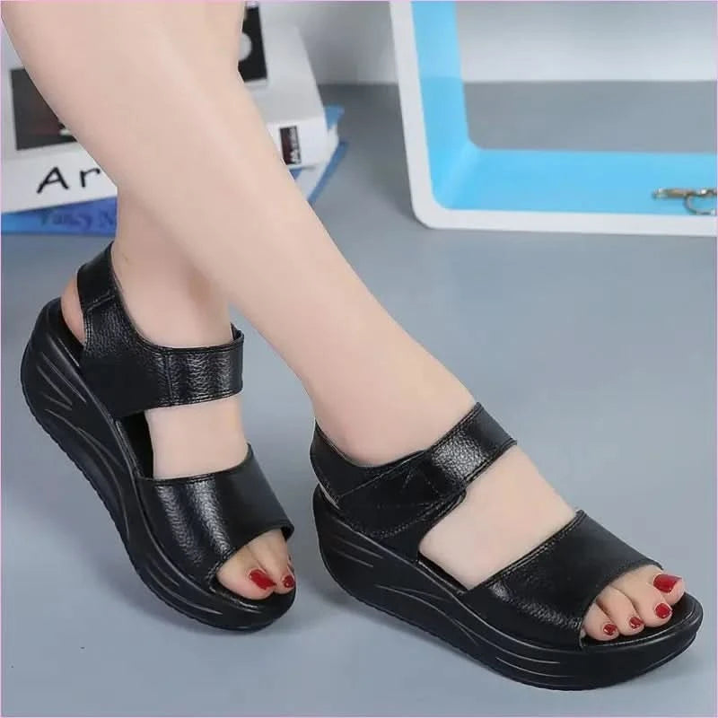 Black Leather Platform Casual Velcro Sandals for Students - Pleasures and Sins