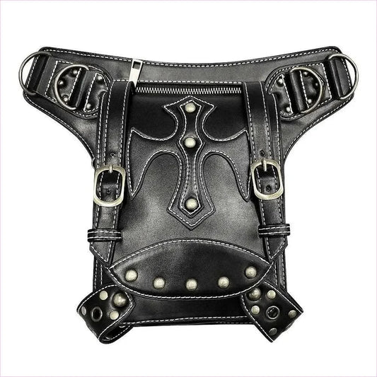 Black Leather Punk Waistpack Retro Casual Shoulder Bag with Studs - Pleasures and Sins