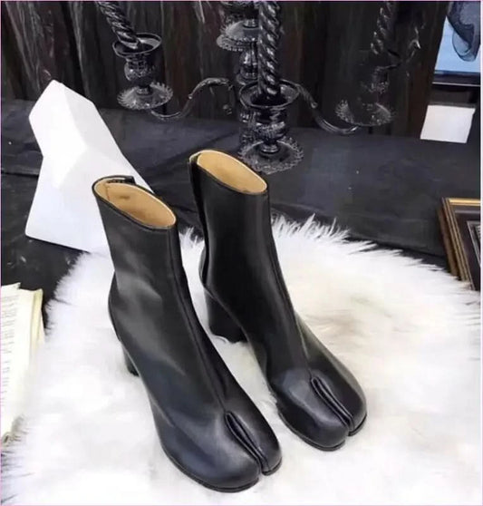 Black Leather Split Toe Tabi Boots with 8cm Block Heel - Pleasures and Sins