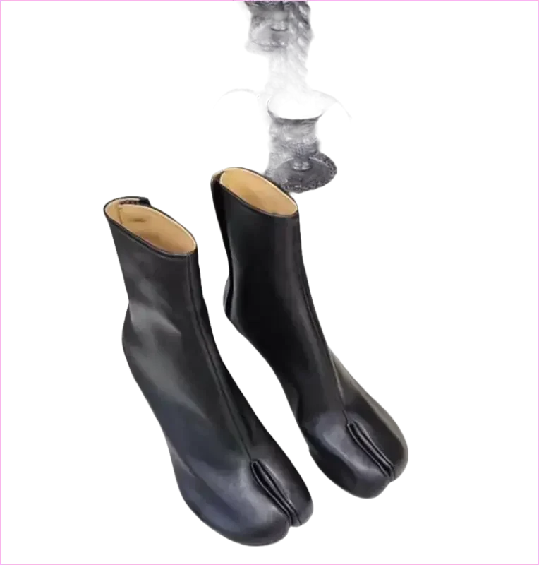 Black Leather Split Toe Tabi Boots with 8cm Block Heel - Pleasures and Sins