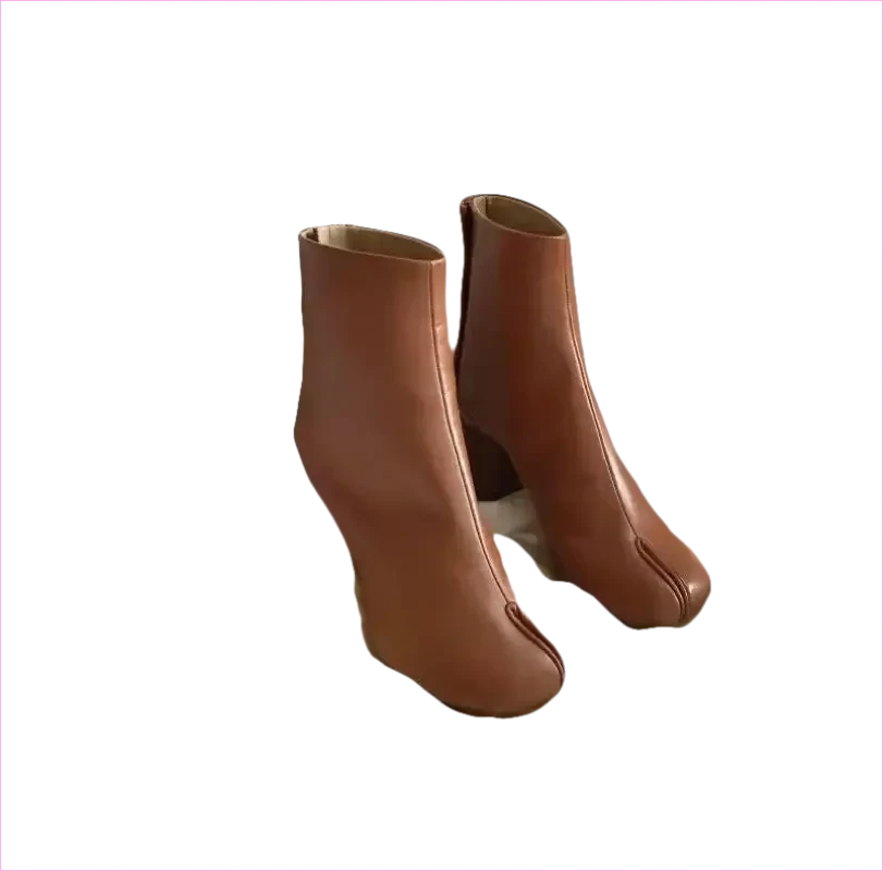 Black Leather Split Toe Tabi Boots with 8cm Block Heel - Pleasures and Sins