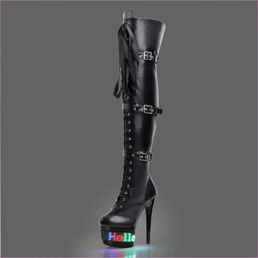 Black Leather Thigh Length High Heel Boots with Rainbow Platform - Pleasures and Sins
