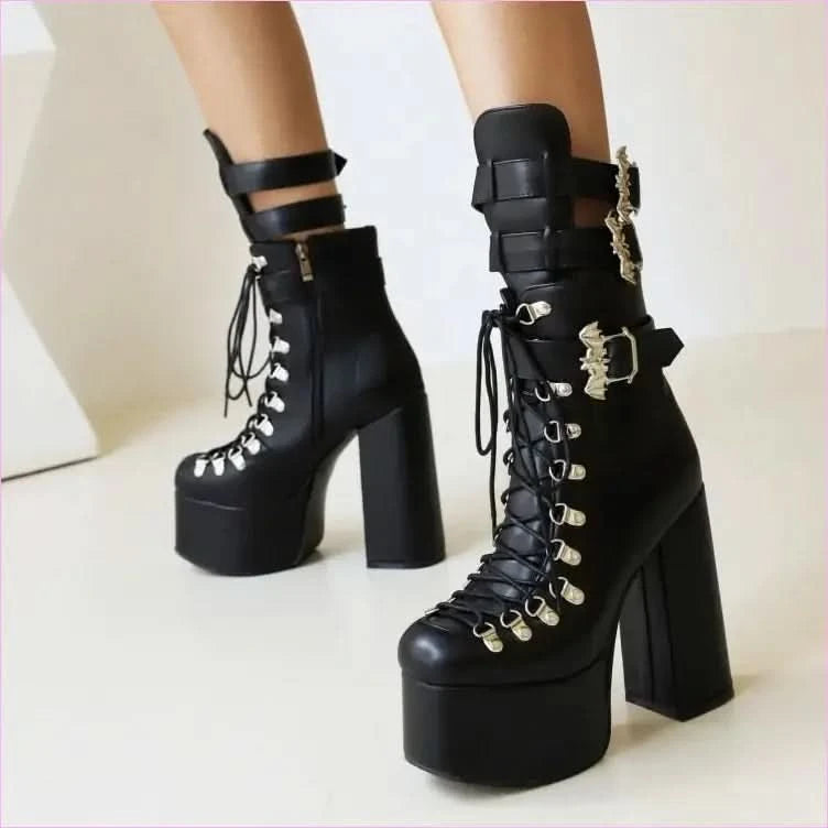 Black Multi Buckle Platform Boots with High Wedge Heel - Pleasures and Sins
