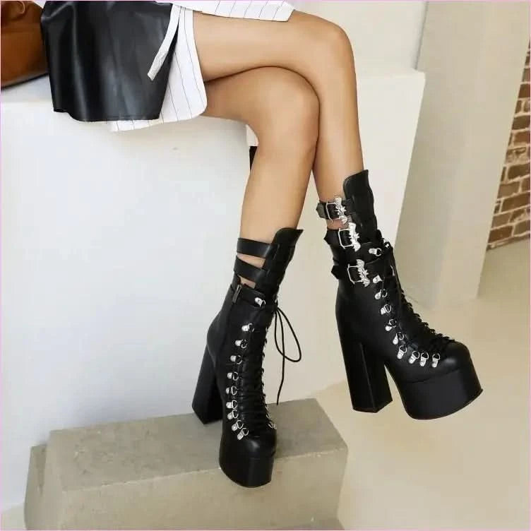 Black Multi Buckle Platform Boots with High Wedge Heel - Pleasures and Sins