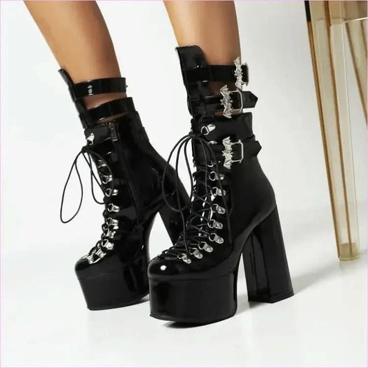 Black Multi Buckle Platform Boots with High Wedge Heel - Pleasures and Sins